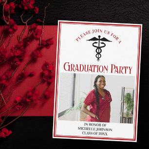 Invitation Red Black Médicale School Graduation Photo Party