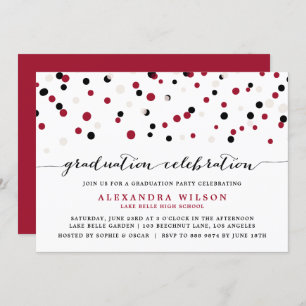 Invitation Red & Black Modern Confetti Dots Graduation Party