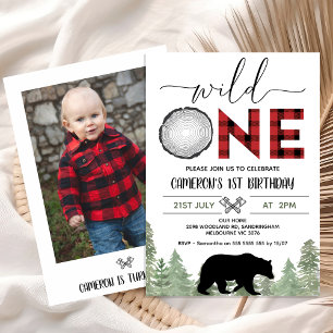 Invitation Red Black Photo Wild One Lumberjack 1er anniversai
