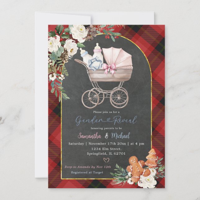 Invitation Red Black Plaid Baby Carriage Genre Reveal (Devant)