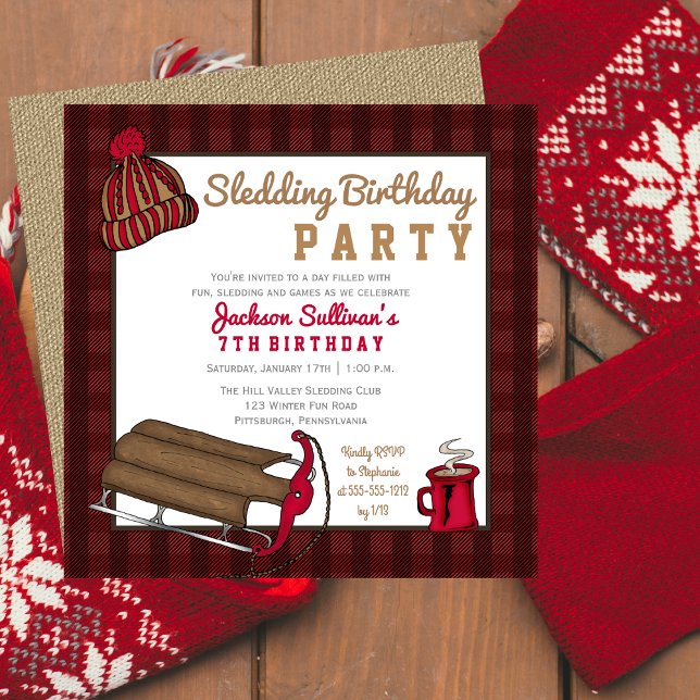 Invitation Red | Black Plaid Sledding Party Anniversaire (Red and Black Plaid Retro Sledding Birthday Party Invitation)