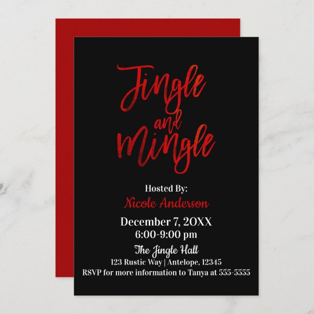 Invitation Red Black Sleek Shine Modern Jingle & Mingle Party (Devant / Derrière)