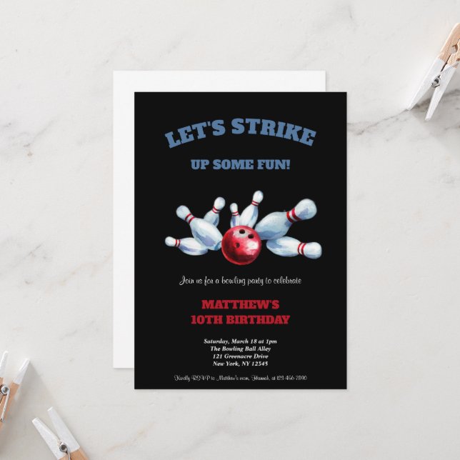 INVITATION RED,BLUE AND BLACK BOWLING BIRTHDAY PARTY  (Devant/Arrière en situation)