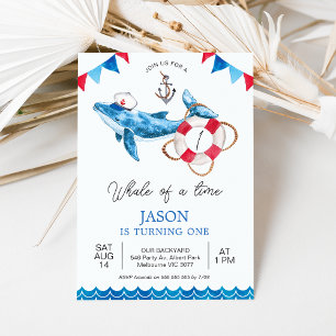 Invitation Red Blue Boys Baleine d'un temps 1er anniversaire