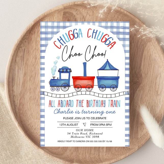 Invitation Red Blue En vichy Chugga Chugga Train 1er annivers (Boys Train 1st Birthday Invitation, Blue Red Train First Birthday Invitation, Chugga Chugga Train)