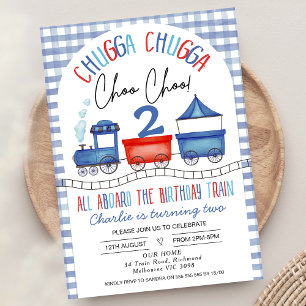 Invitation Red Blue En vichy Chugga Chugga Train Anniversaire