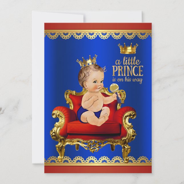Invitation Red Blue Gold Chaise Brunette Prince Baby shower (Devant)