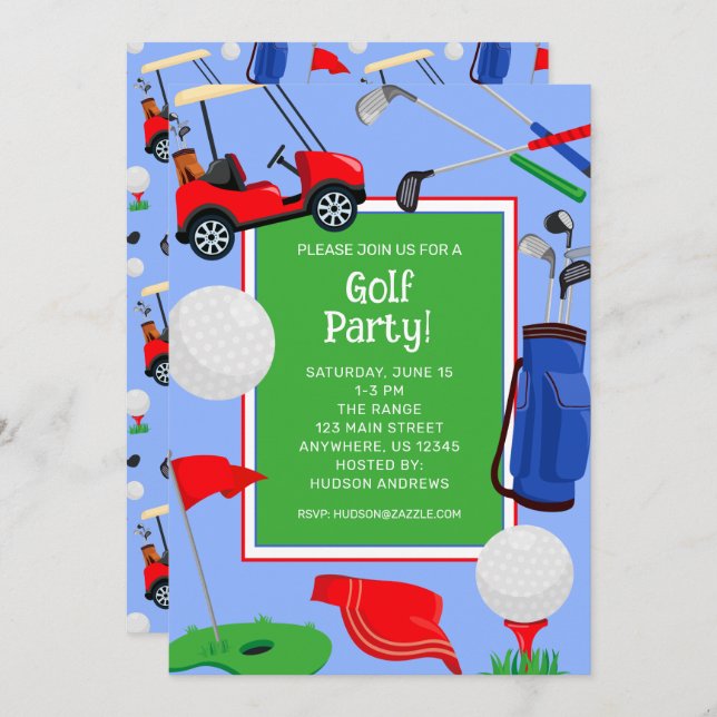 Invitation Red Blue & Green Golf Party (Devant / Derrière)