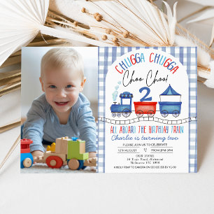 Invitation Red Blue Modern Arch Train photo Anniversaire