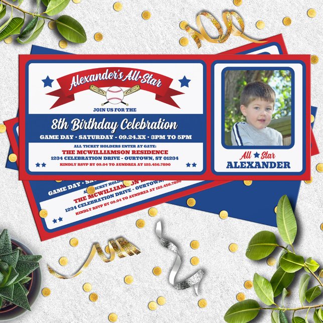 Invitation Red & Blue Photo Baseball Game Ticket Birthday (Créateur téléchargé)