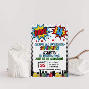 Invitation Red Blue Yellow Bam Superhero 4e anniversaire