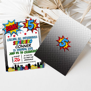 Invitation Red Blue Yellow Bam Superhero 5e anniversaire