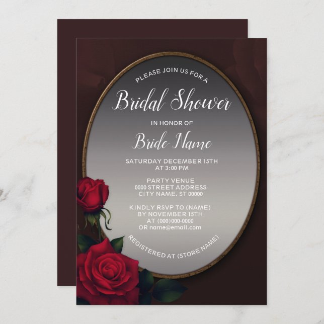 Invitation Red Blush Floral Silver Gray Mirror Bridal Shower (Devant / Derrière)