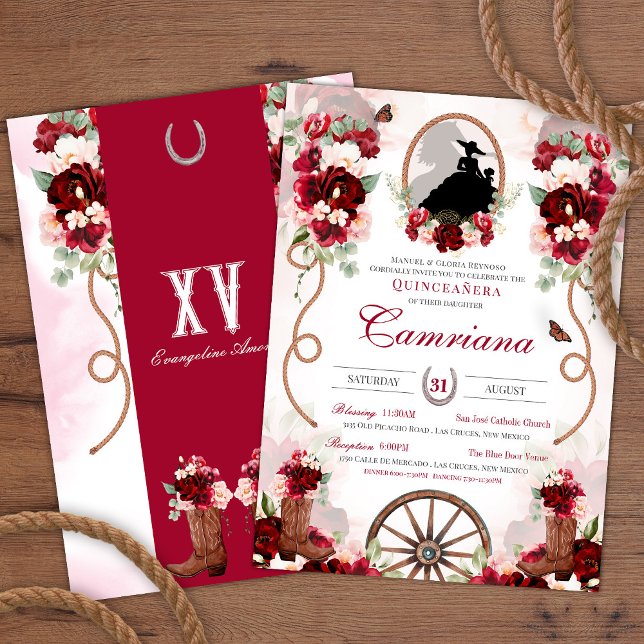 Invitation Red & Blush Rustic Elegance Charro Quinceanera (Créateur téléchargé)