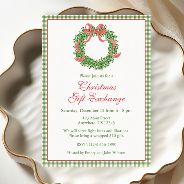 Invitation Red Bow Christmas Boxwood Wreath Party (Créateur téléchargé)