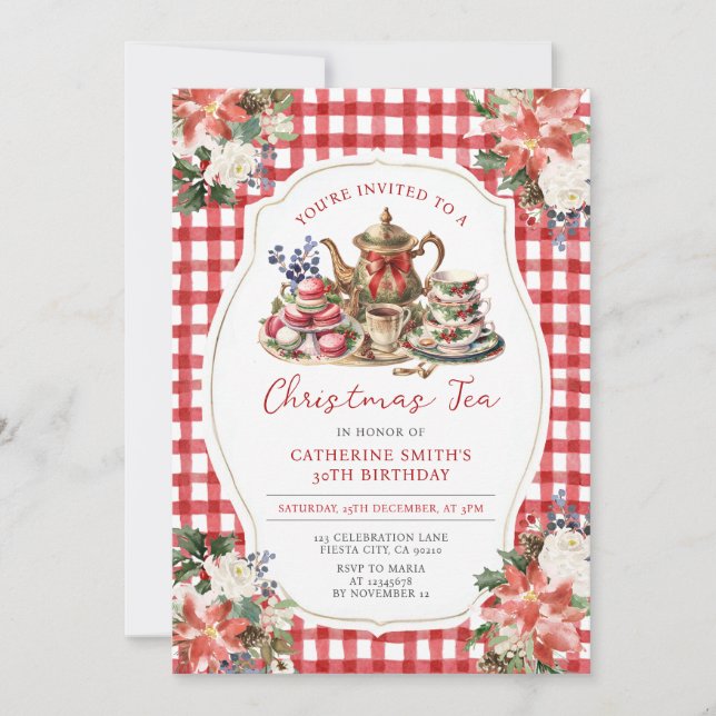 Invitation Red Bow Christmas Tea Adulte Anniversaire Fête Flo (Devant)
