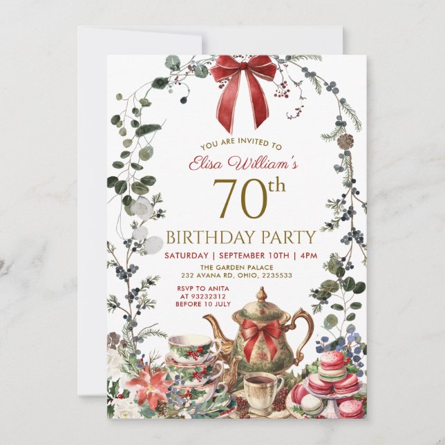 Invitation Red Bow Christmas Woman 70th Birthday Tea Party (Devant)