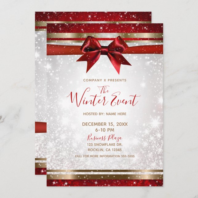 Invitation Red Bow & Gold White Sparkle Elegant Holiday Event (Devant / Derrière)