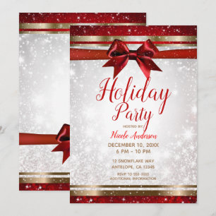 Invitation Red Bow & Gold White Sparkle Élégante fête de vaca