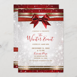 Invitation Red Bow & Gold White Sparkle Elegel Holiday