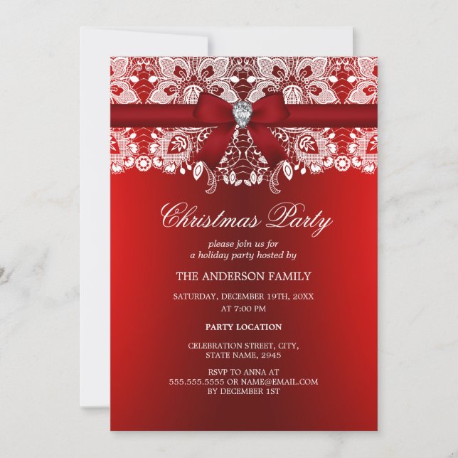 Invitation Red Bow & Lace Christmas Party (Devant)