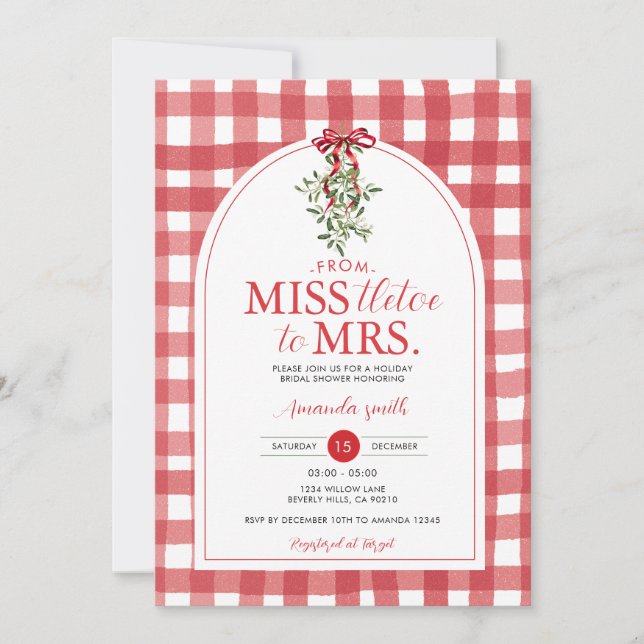Invitation Red Bow Miss tletoe à Mme Fête des mariées Holiday (Devant)