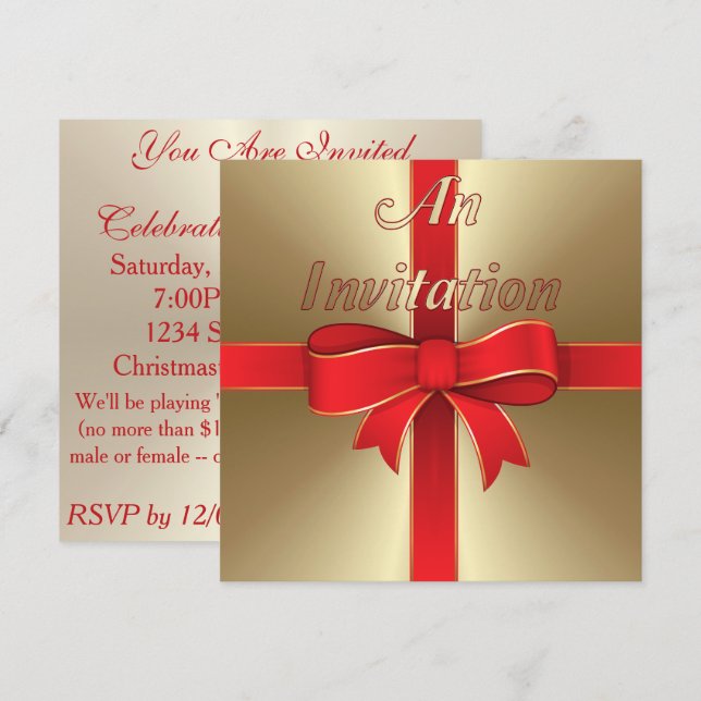 Invitation - Red Bow & Ribbon on Gold (Devant / Derrière)