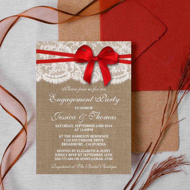 Invitation Red Bow Rustic Burlap & Lace Engagement Party (Créateur téléchargé)