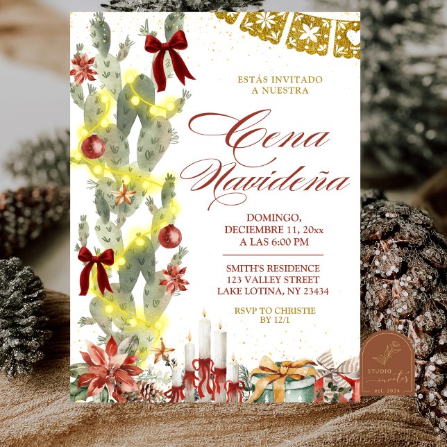 Invitation Red bow Spanish Cactus Christmas Cena de Navidad (Créateur téléchargé)