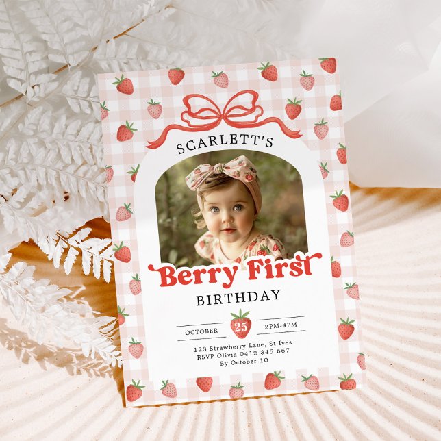 Invitation Red Bow Strawberry Berry First Birthday Photo (Créateur téléchargé)