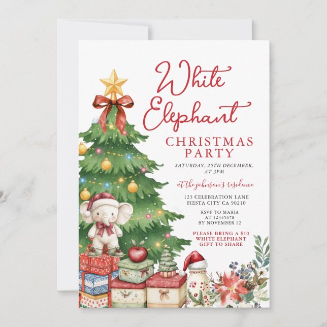 Invitation Red Bow White Elephant Christmas Party Exchange (Devant)