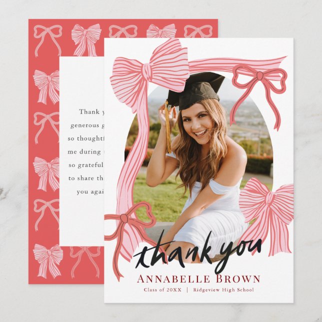 Invitation Red Bows Photo Graduation Thank You Card (Devant / Derrière)