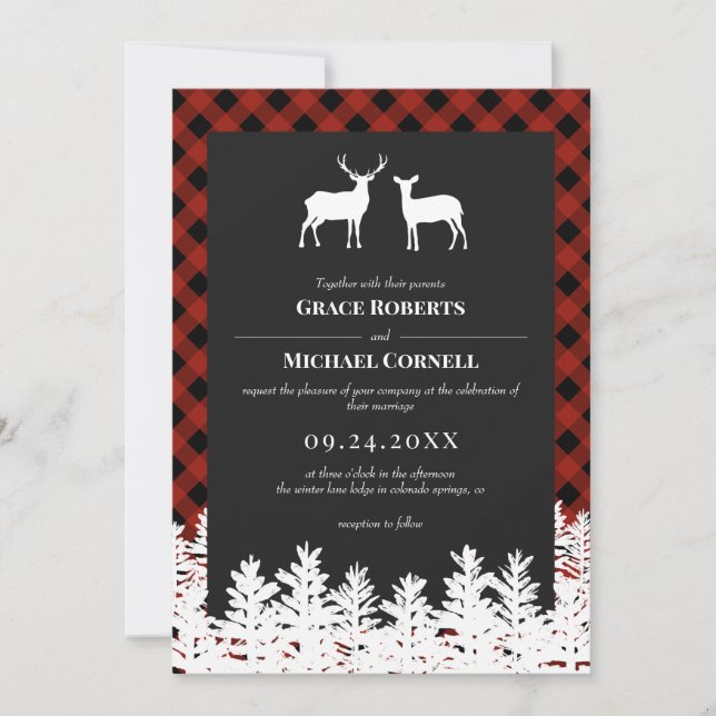 Invitation Red Buffalo Check Rustic Deer Buck Doe Mariage (Devant)