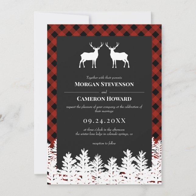 Invitation Red Buffalo Check Rustic Deer Bucks Mariage (Devant)