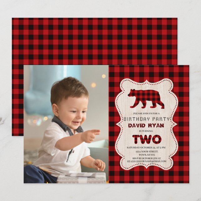 Invitation Red Buffalo Lumberjack Photo 2e fête d'anniversair (Devant / Derrière)