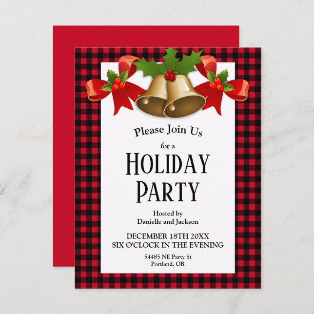 Invitation Red Buffalo Plaid Christmas Holly Bells (Devant / Derrière)
