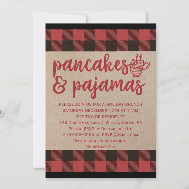 Invitation Red Buffalo Plaid Pancakes et Pajamas Party (Devant)