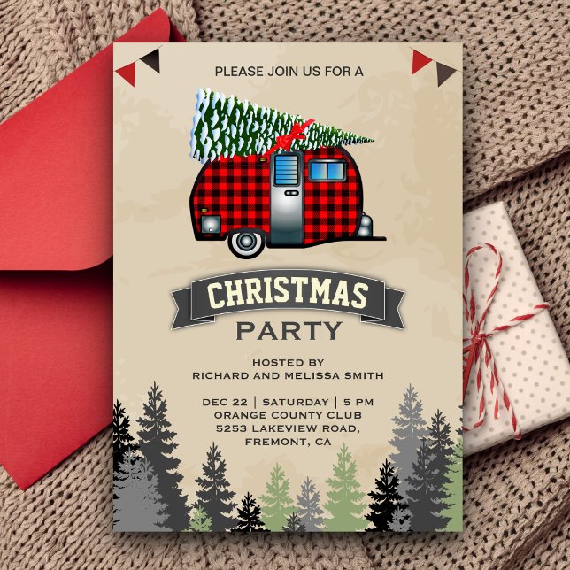 Invitation Red Buffalo Plaid Retro Camping fête de Noël (Créateur téléchargé)