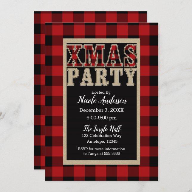 Invitation Red Buffalo Plaid Russe XMAS Christmas Party (Devant / Derrière)