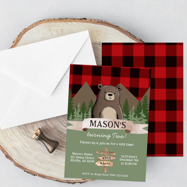Invitation Red Buffalo Plaid Wilderness Bear Anniversaire (Créateur téléchargé)