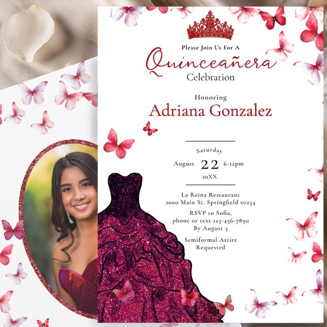 Invitation Red Butterflies Dress Photo 15 XV Quinceanera (Créateur téléchargé)