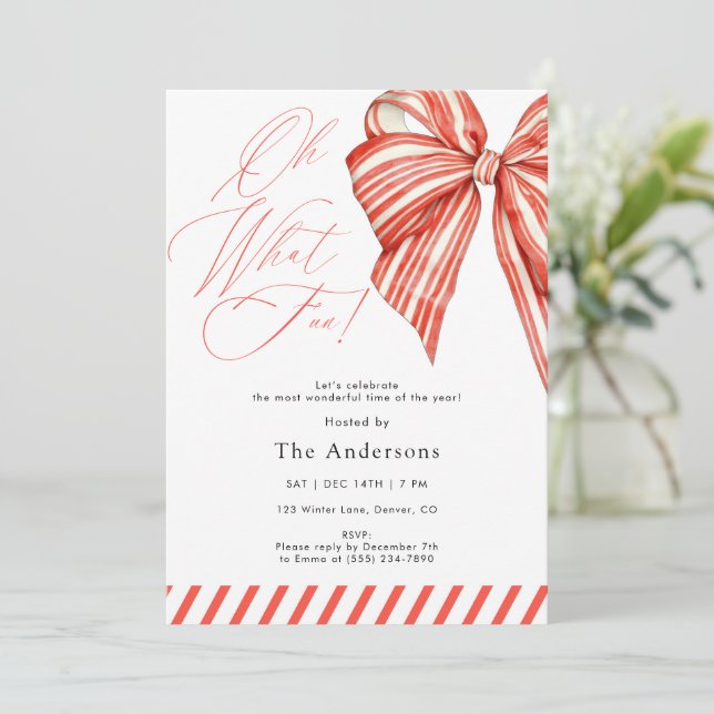 Invitation Red Candy Stripe Oh What Fun Christmas Party (Debout devant)