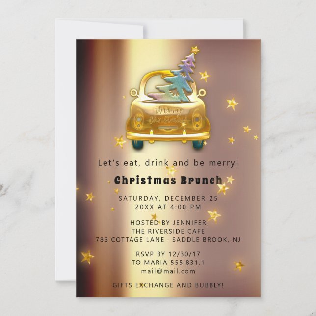 Invitation Red Car Christmas Brunch Dinner Tree Gold Stars (Devant)