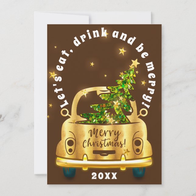 Invitation Red Car Noël Brunch Diner Arbre Or Brown (Dos)