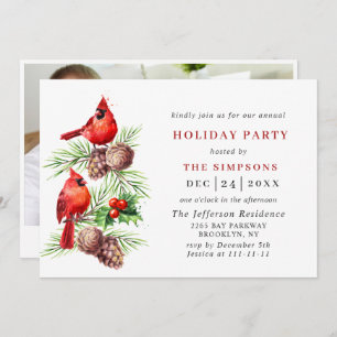 Invitation Red Cardinal Holly Berry Holiday NOËL PARTI