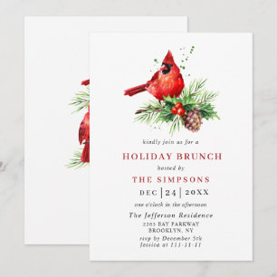 Invitation Red Cardinal Holly Berry Noël VACANCES BRUNCH