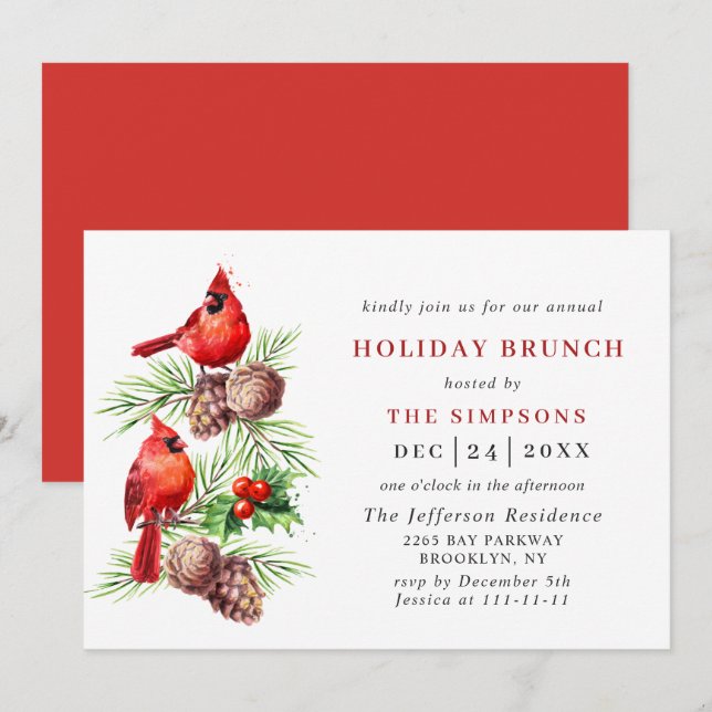 Invitation Red Cardinal Holly Berry Noël VACANCES BRUNCH (Devant / Derrière)