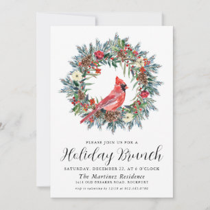 Invitation Red Cardinal Wreath Holiday Brunch