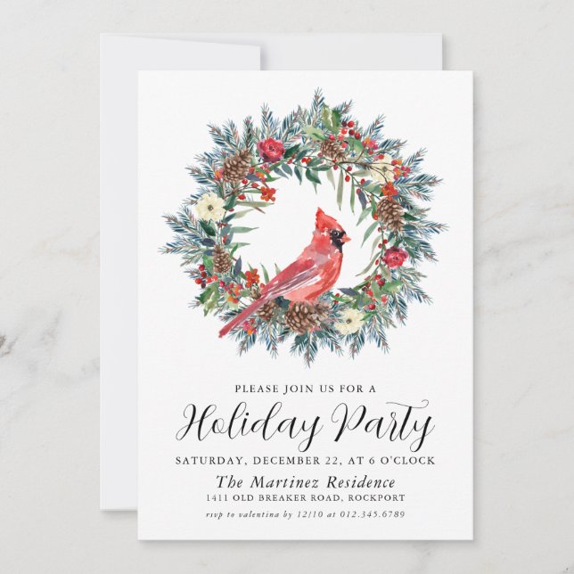 Invitation Red Cardinal Wreath Holiday Party (Devant)