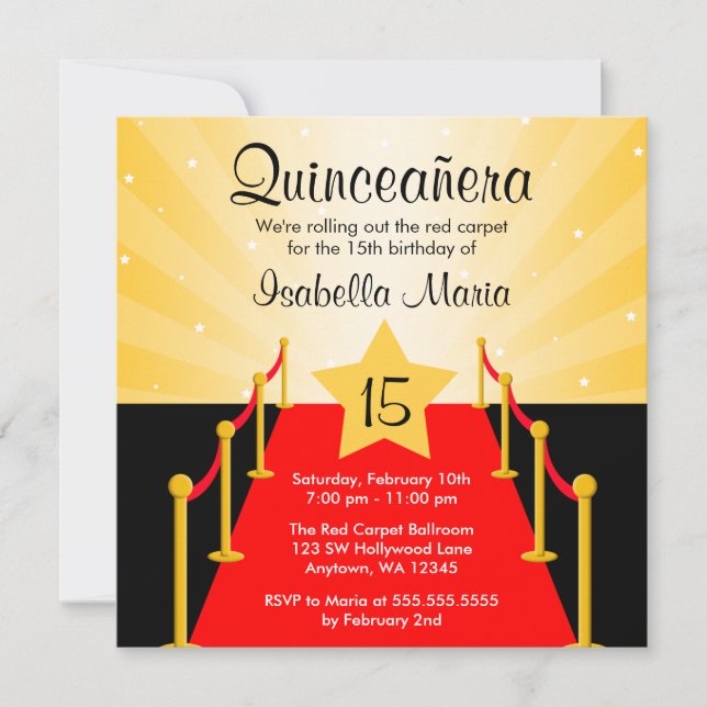 Invitation Red Carpet Hollywood Quinceanera fête d'anniversai (Devant)
